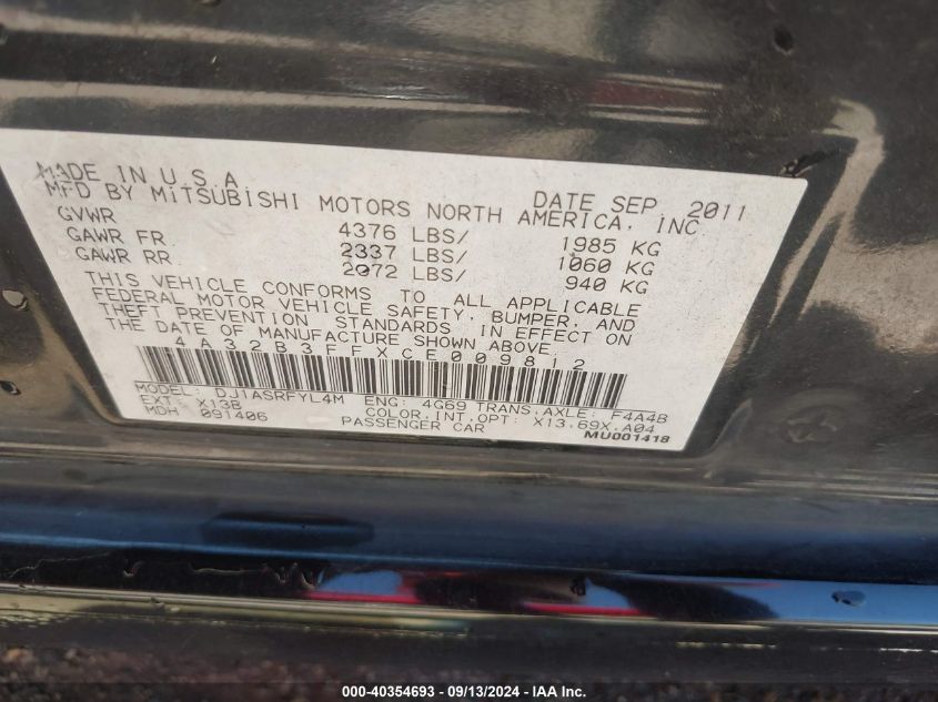 2012 Mitsubishi Galant Es/Se VIN: 4A32B3FFXCE009812 Lot: 40354693