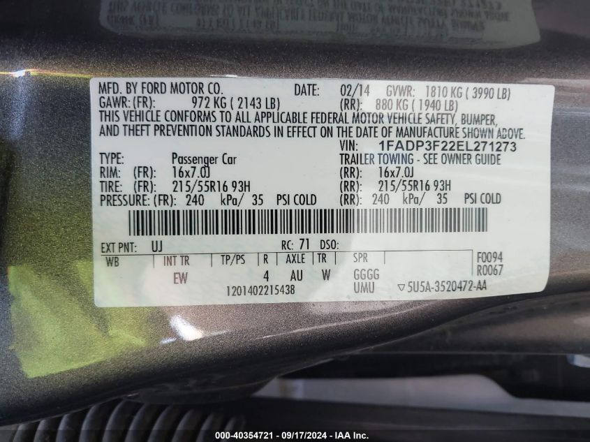 2014 FORD FOCUS SE - 1FADP3F22EL271273