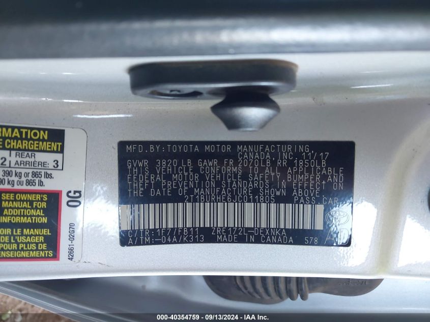 VIN 2T1BURHE6JC011805 2018 TOYOTA COROLLA LE
