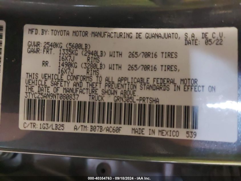 2022 Toyota Tacoma Double Cab/Sr/Sr5/Trd Spo VIN: 3TYCZ5AN9NT080837 Lot: 40354763