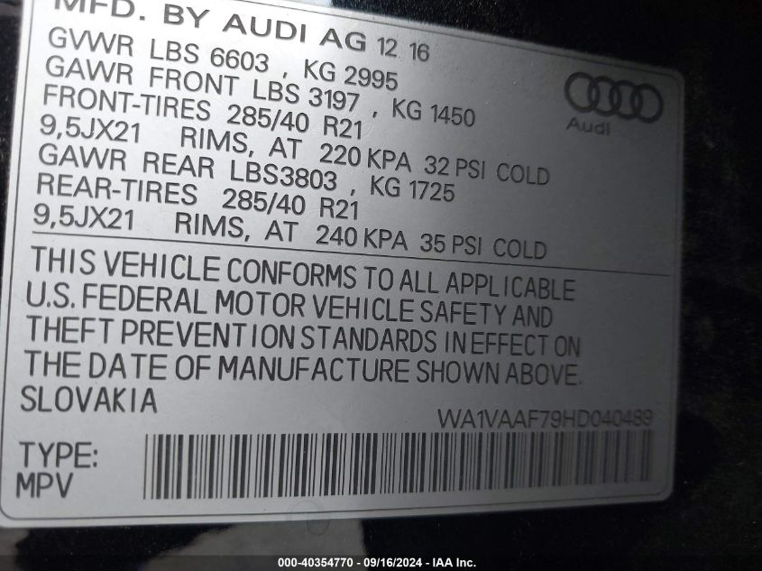 2017 Audi Q7 3.0T Premium VIN: WA1VAAF79HD040489 Lot: 40354770