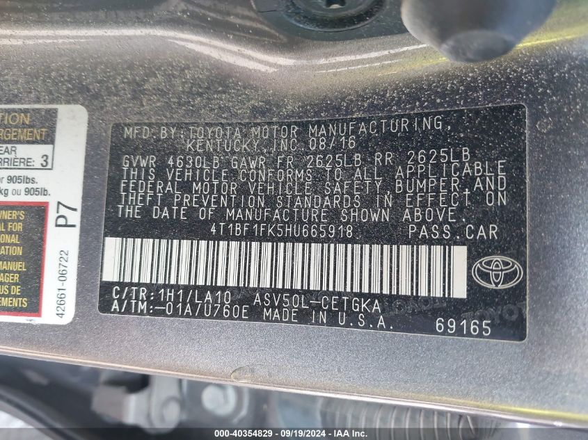 4T1BF1FK5HU665918 2017 Toyota Camry Xle