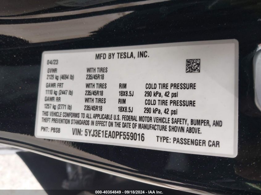 2023 TESLA MODEL 3 REAR-WHEEL DRIVE - 5YJ3E1EA0PF559016