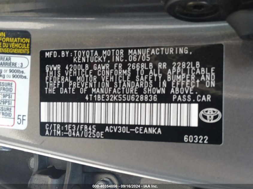 4T1BE32K55U628836 2005 Toyota Camry Le