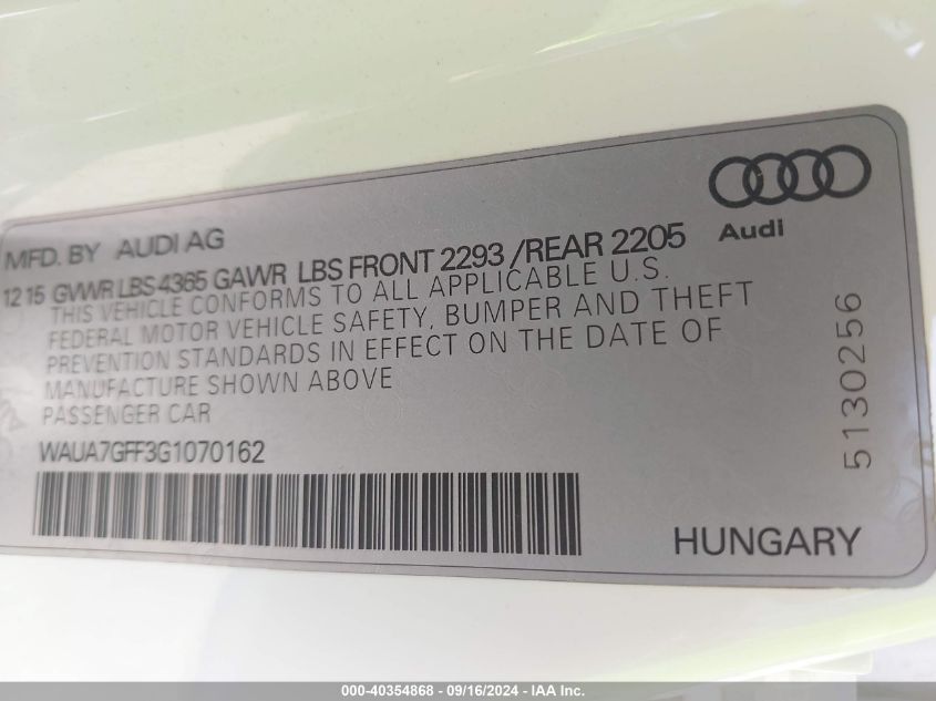 2016 Audi A3 1.8T Premium VIN: WAUA7GFF3G1070162 Lot: 40354868