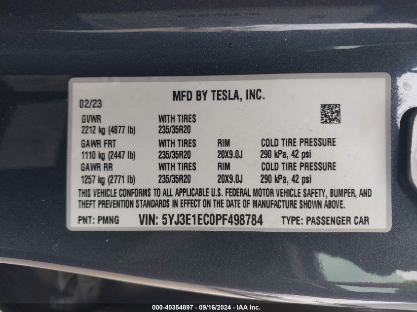 2023 Tesla Model 3 Performance Dual Motor All-Wheel Drive VIN: 5YJ3E1EC0PF498784 Lot: 40354897