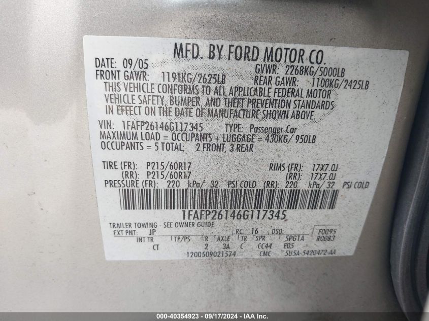 1FAFP26146G117345 2006 Ford Five Hundred Se