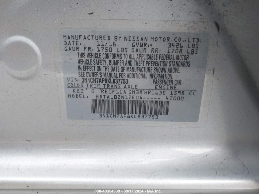 3N1CN7AP8KL837753 2019 Nissan Versa S/S Plus/Sv