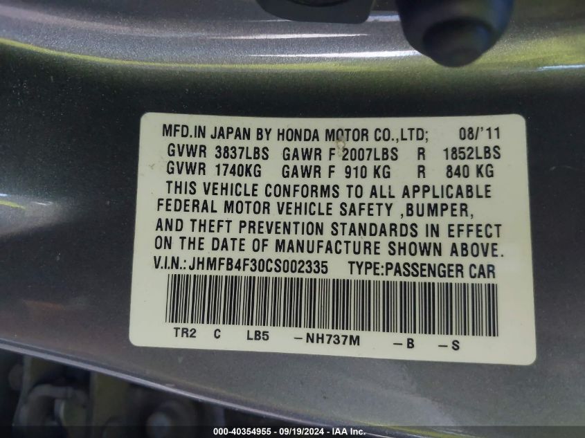 JHMFB4F30CS002335 2012 Honda Civic Hybrid