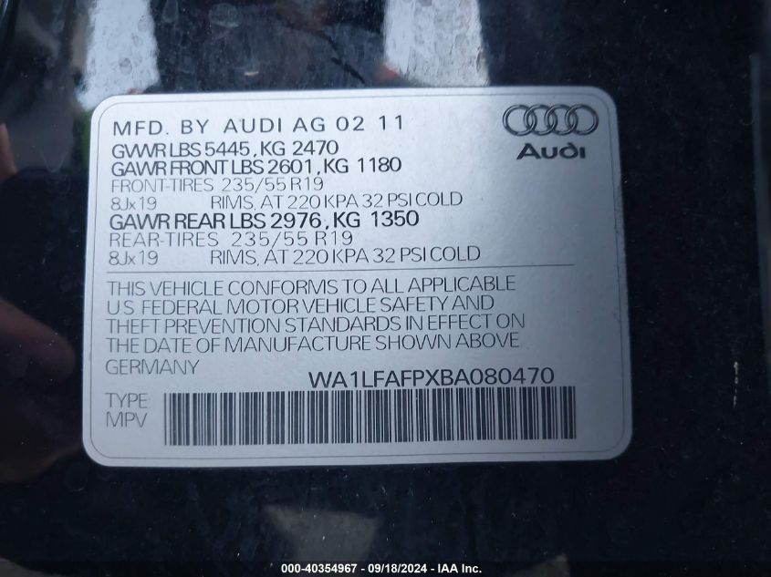 2011 Audi Q5 Premium Plus VIN: WA1LFAFPXBA080470 Lot: 40354967