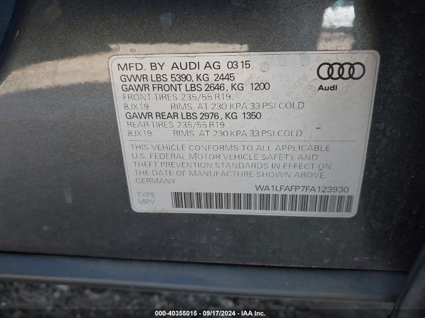 2015 Audi Q5 2.0T Premium VIN: WA1LFAFP7FA123930 Lot: 40355015