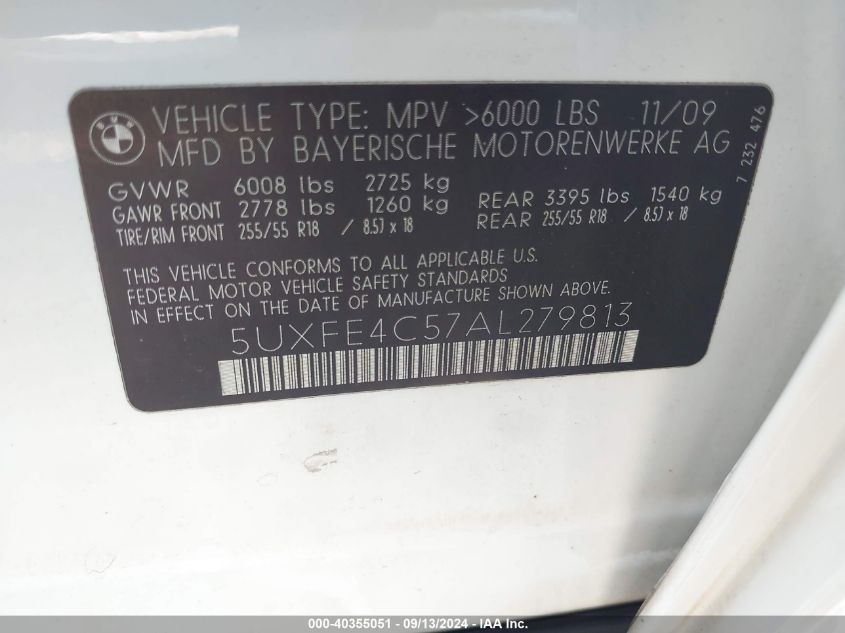 2010 BMW X5 xDrive30I VIN: 5UXFE4C57AL279813 Lot: 40355051