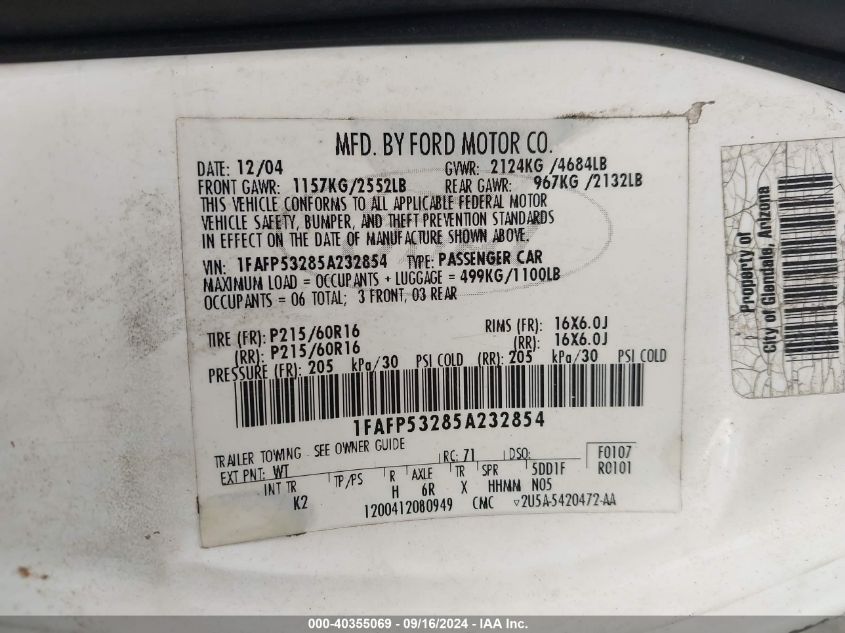 1FAFP53285A232854 2005 Ford Taurus Se