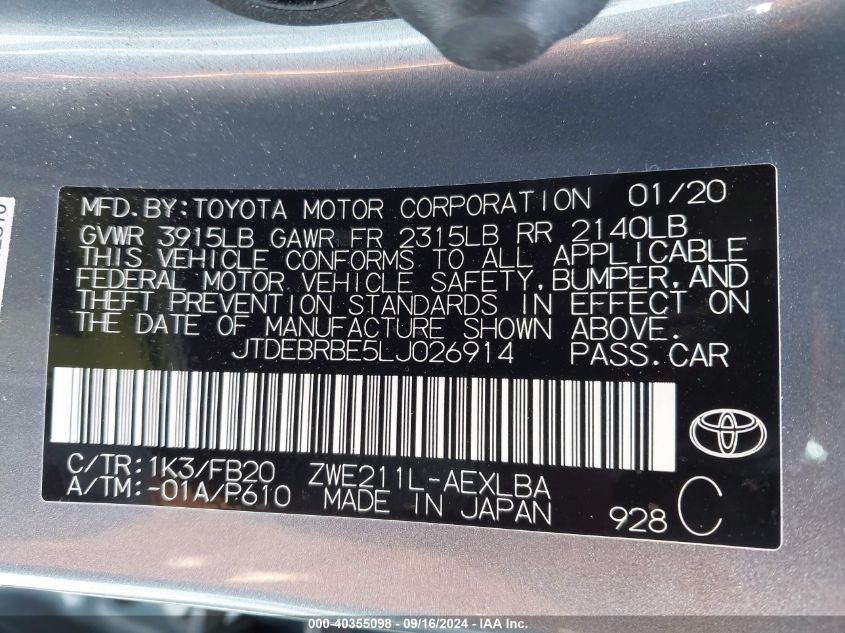 2020 Toyota Corolla Hybrid Le VIN: JTDEBRBE5LJ026914 Lot: 40355098