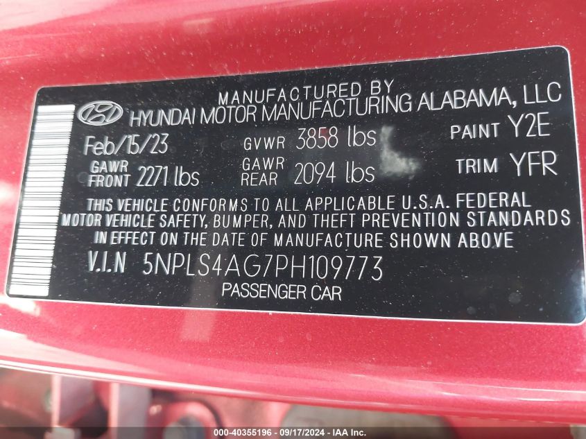 2023 Hyundai Elantra Sel VIN: 5NPLS4AG7PH109773 Lot: 40355196