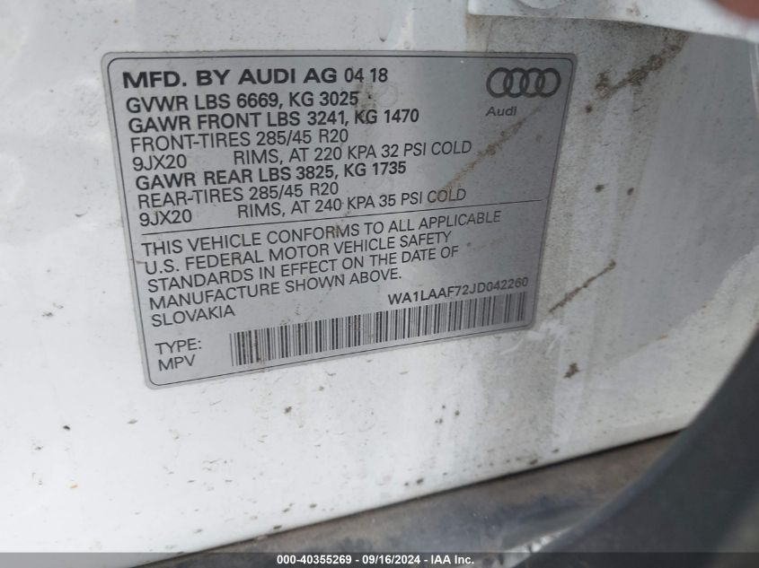 WA1LAAF72JD042260 2018 Audi Q7 3.0T Premium