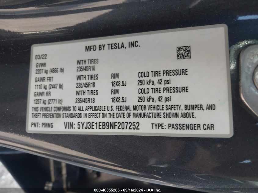 2022 Tesla Model 3 Long Range Dual Motor All-Wheel Drive VIN: 5YJ3E1EB9NF207252 Lot: 40355285