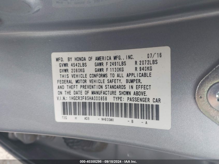 1HGCR3F85HA000858 2017 Honda Accord Ex-L V6