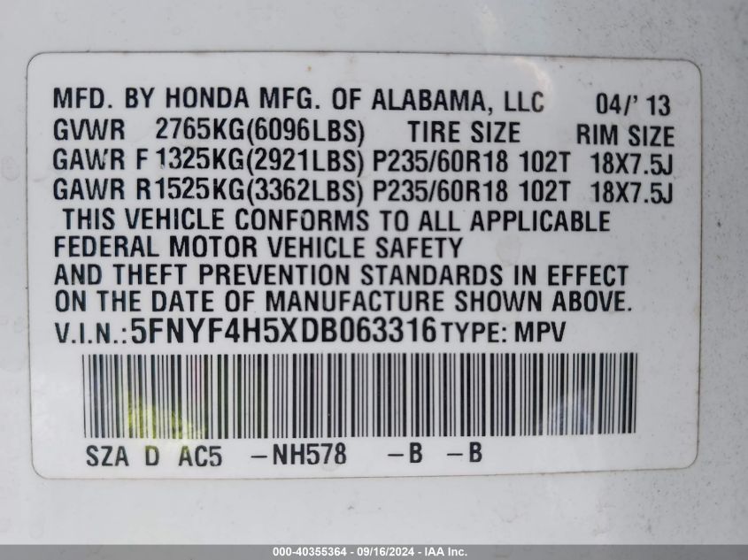 2013 Honda Pilot Ex-L VIN: 5FNYF4H5XDB063316 Lot: 40355364