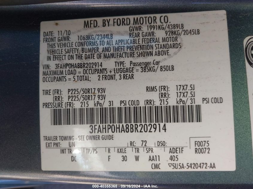 2011 Ford Fusion Se VIN: 3FAHP0HA8BR202914 Lot: 40355365