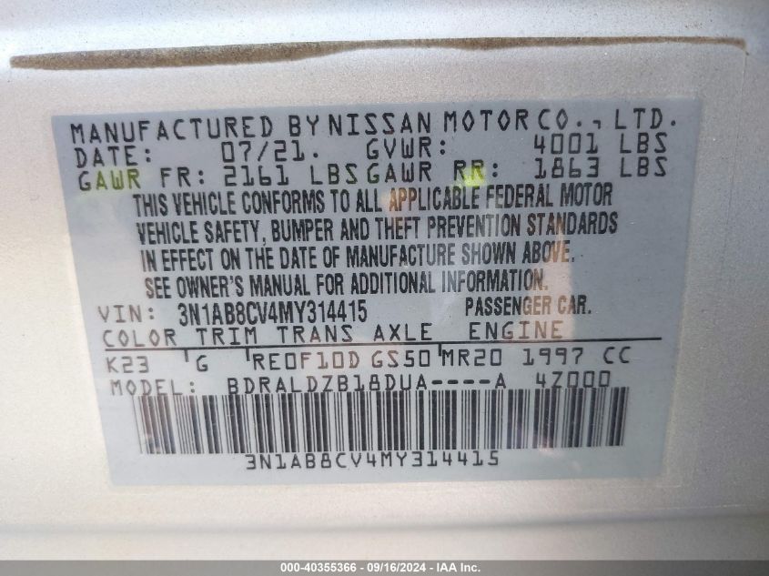 2021 Nissan Sentra Sv Xtronic Cvt VIN: 3N1AB8CV4MY314415 Lot: 40355366