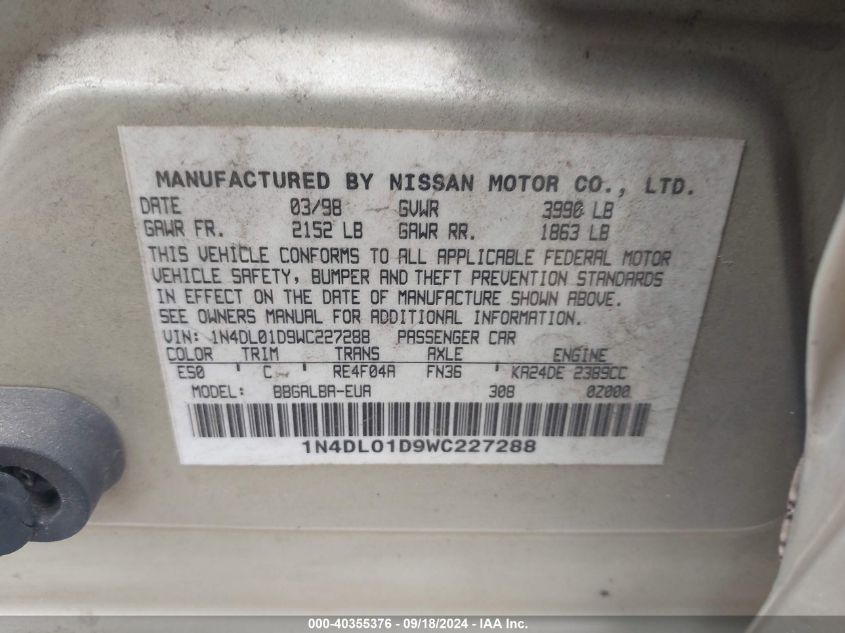 1N4DL01D9WC227288 1998 Nissan Altima Xe/Gxe/Se/Gle