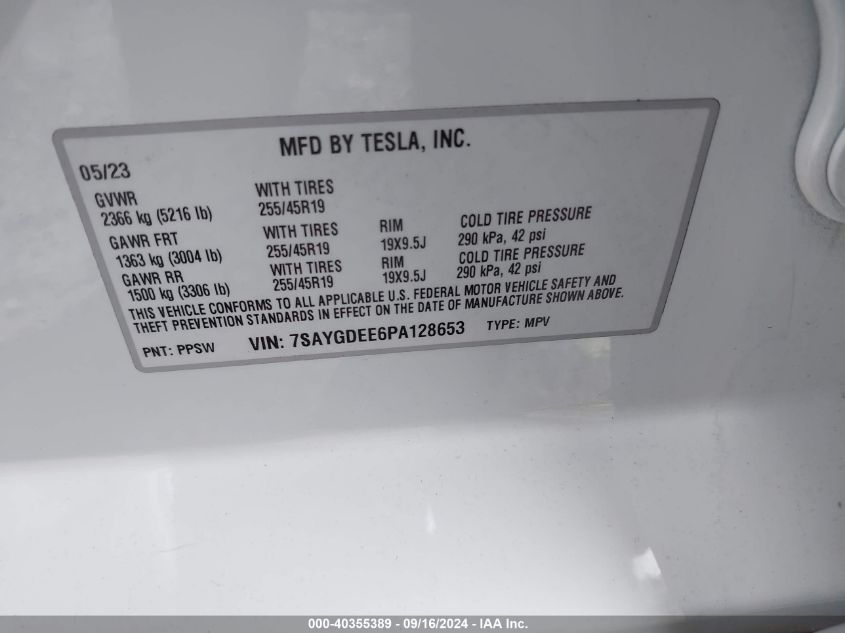 VIN 7SAYGDEE6PA128653 2023 Tesla Model Y, Awd/Long... no.9