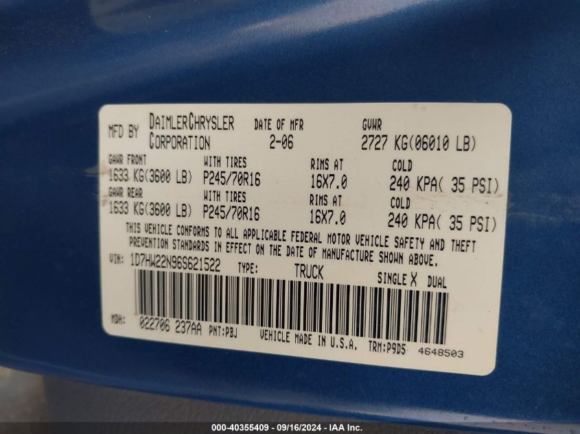 1D7HW22N96S621522 2006 Dodge Dakota St