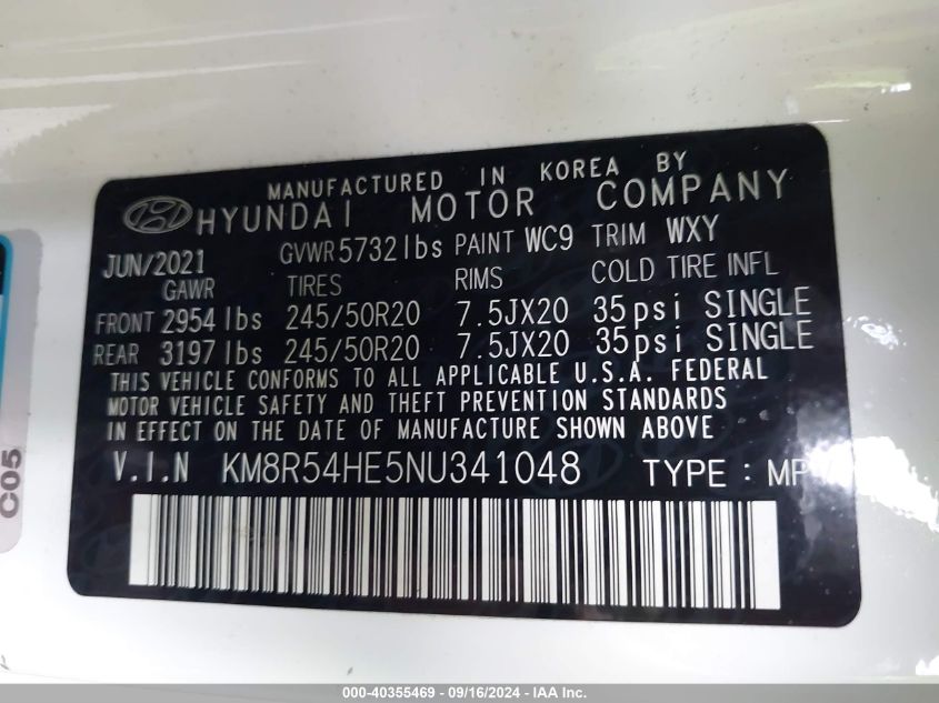 2022 Hyundai Palisade Limited VIN: KM8R54HE5NU341048 Lot: 40355469