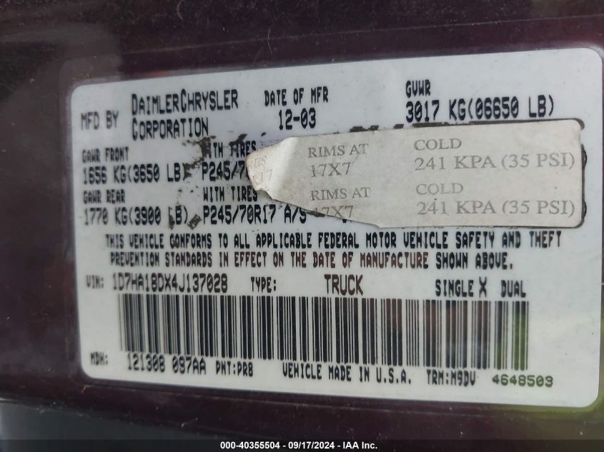 1D7HA18DX4J137028 2004 Dodge Ram 1500 Slt/Laramie