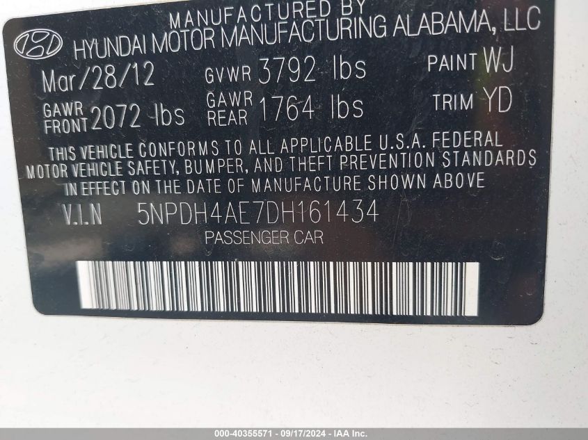 5NPDH4AE7DH161434 2013 Hyundai Elantra Limited