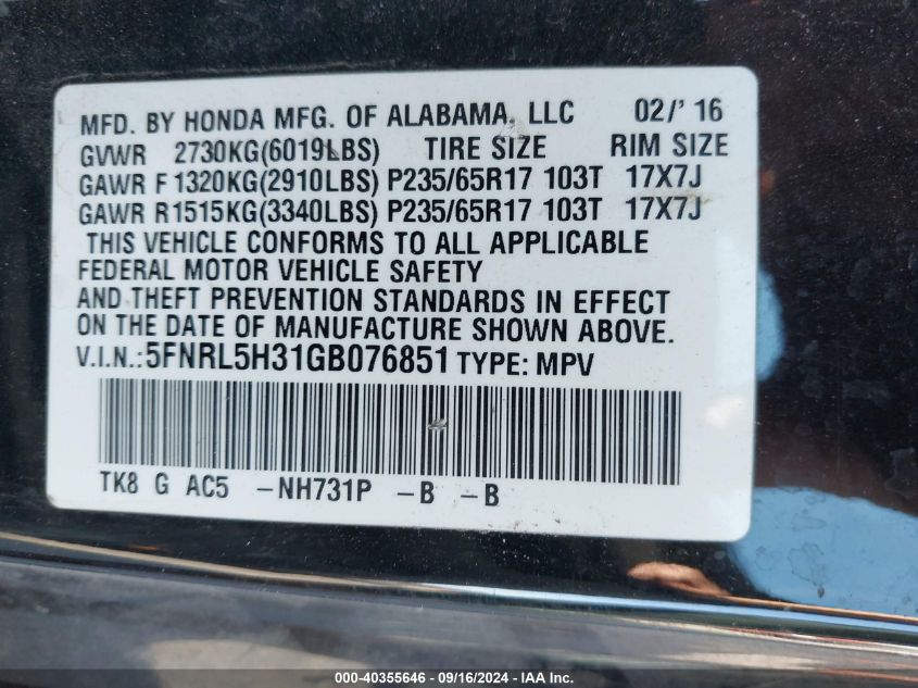 5FNRL5H31GB076851 2016 Honda Odyssey Se