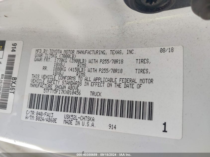 5TFTY5F17KX010456 2019 Toyota Tundra Sr 5.7L V8