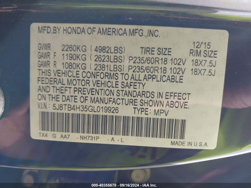 5J8TB4H35GL019926 2016 Acura Rdx Acurawatch Plus Package