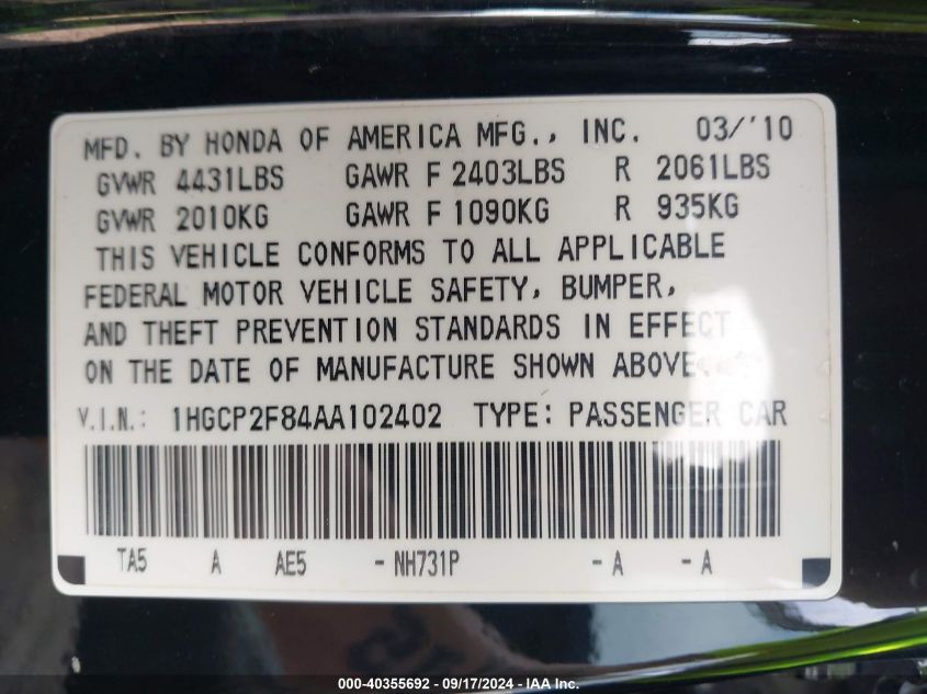 1HGCP2F84AA102402 2010 Honda Accord 2.4 Ex-L