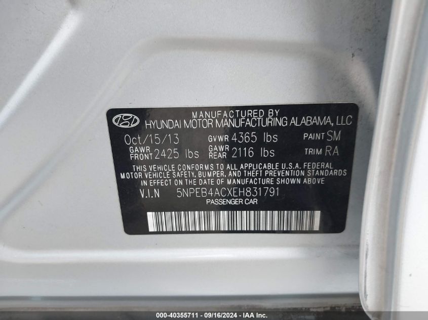 5NPEB4ACXEH831791 2014 Hyundai Sonata Gls