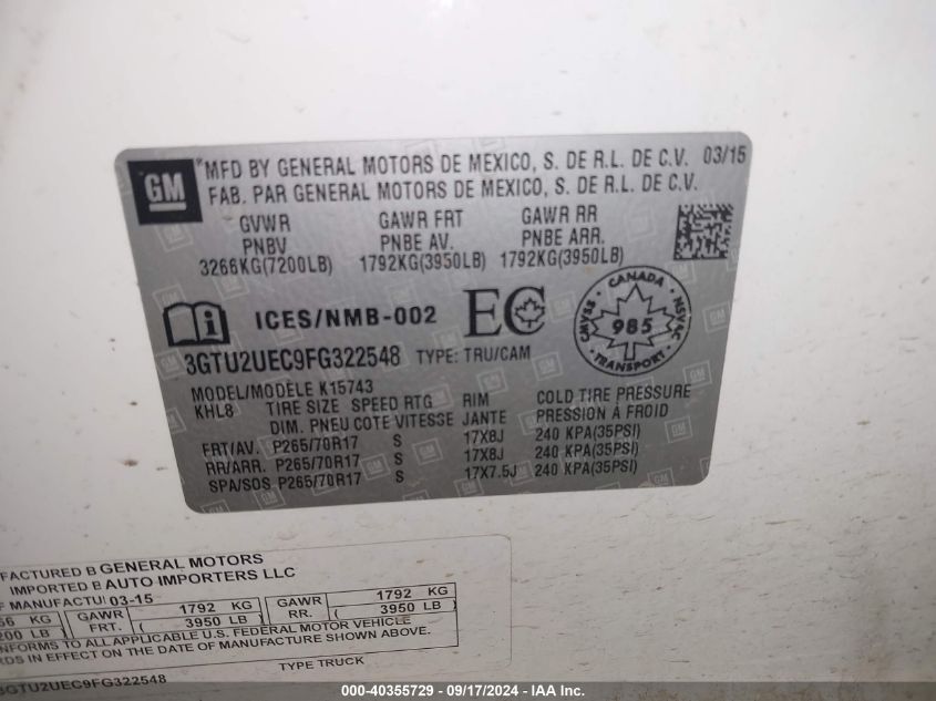 3GTU2UEC9FG322548 2015 GMC Sierra 1500 Sle