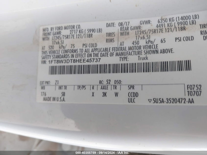 2017 Ford F-350 Lariat VIN: 1FT8W3DT8HEE45737 Lot: 40355759