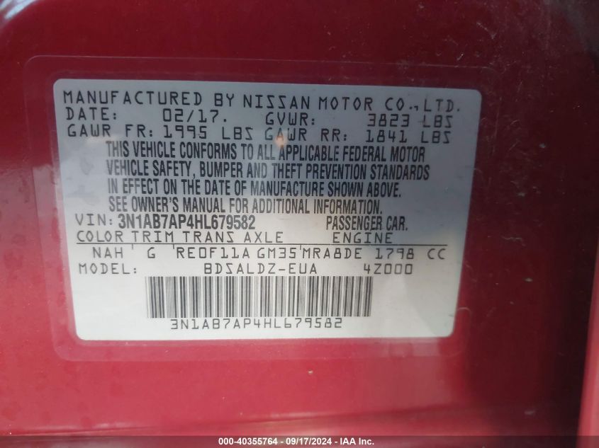 3N1AB7AP4HL679582 2017 Nissan Sentra Sv