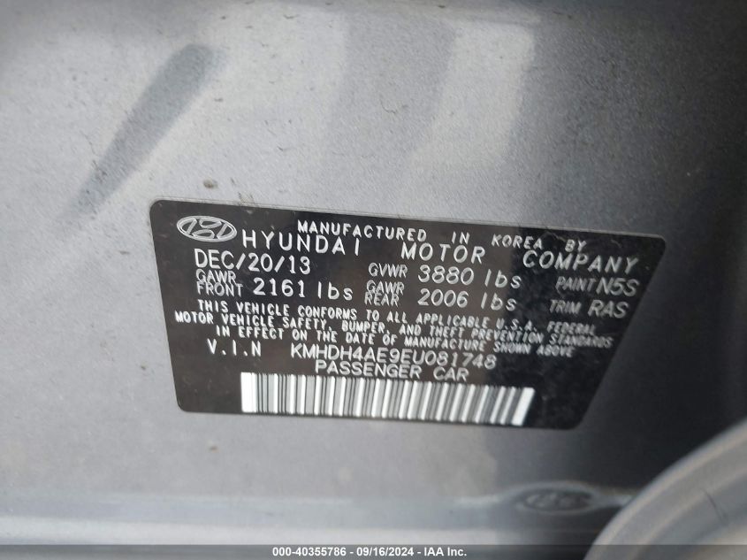 2014 Hyundai Elantra Se VIN: KMHDH4AE9EU081748 Lot: 40355786