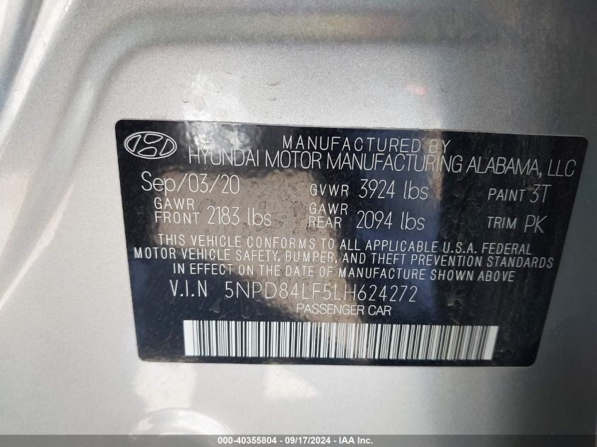 2020 Hyundai Elantra Sel VIN: 5NPD84LF5LH624272 Lot: 40355804