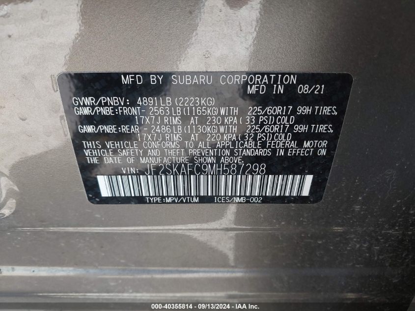 2021 Subaru Forester Premium VIN: JF2SKAFC9MH587298 Lot: 40355814