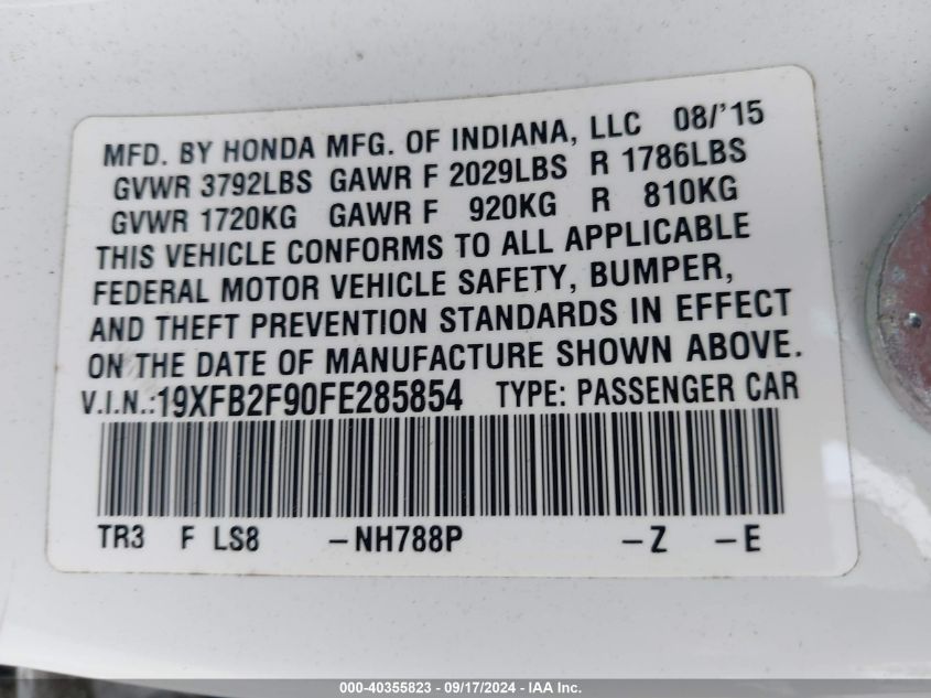 2015 Honda Civic Ex-L VIN: 19XFB2F90FE285854 Lot: 40355823