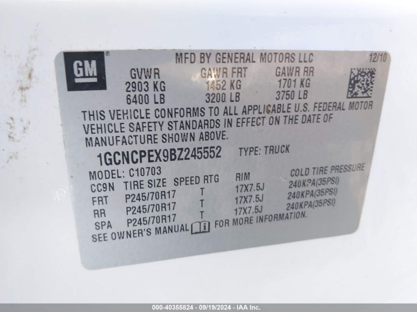 1GCNCPEX9BZ245552 2011 Chevrolet Silverado 1500 Work Truck