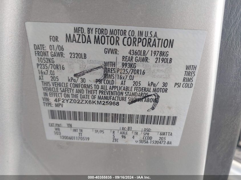 4F2YZ02ZX6KM25968 2006 Mazda Tribute I