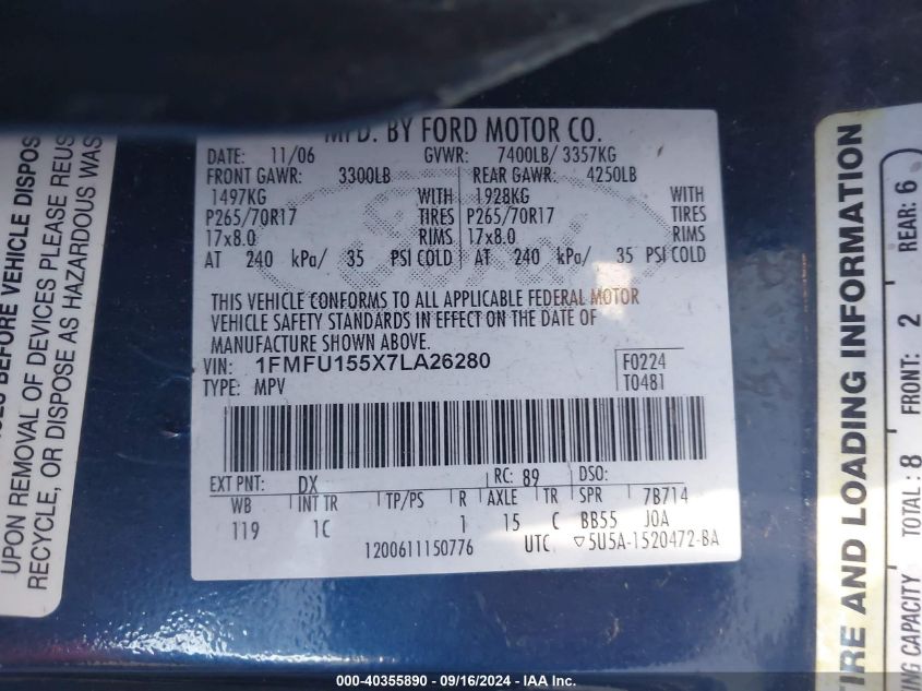 1FMFU155X7LA26280 2007 Ford Expedition Xlt