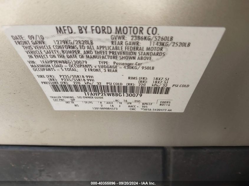 1FAHP2EW8BG130079 2011 Ford Taurus Sel