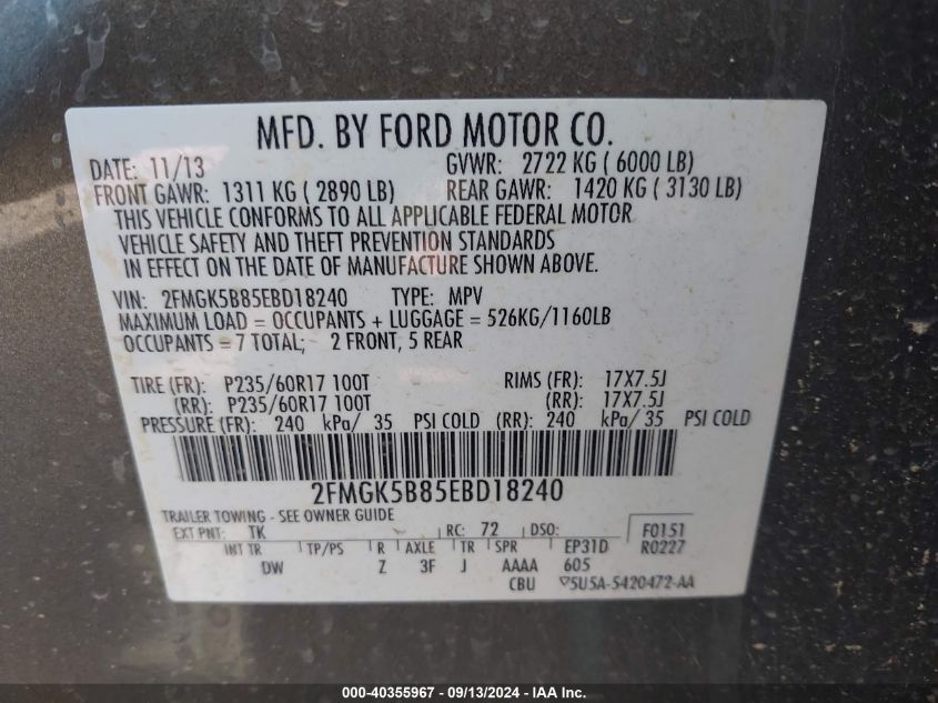 2FMGK5B85EBD18240 2014 Ford Flex Se