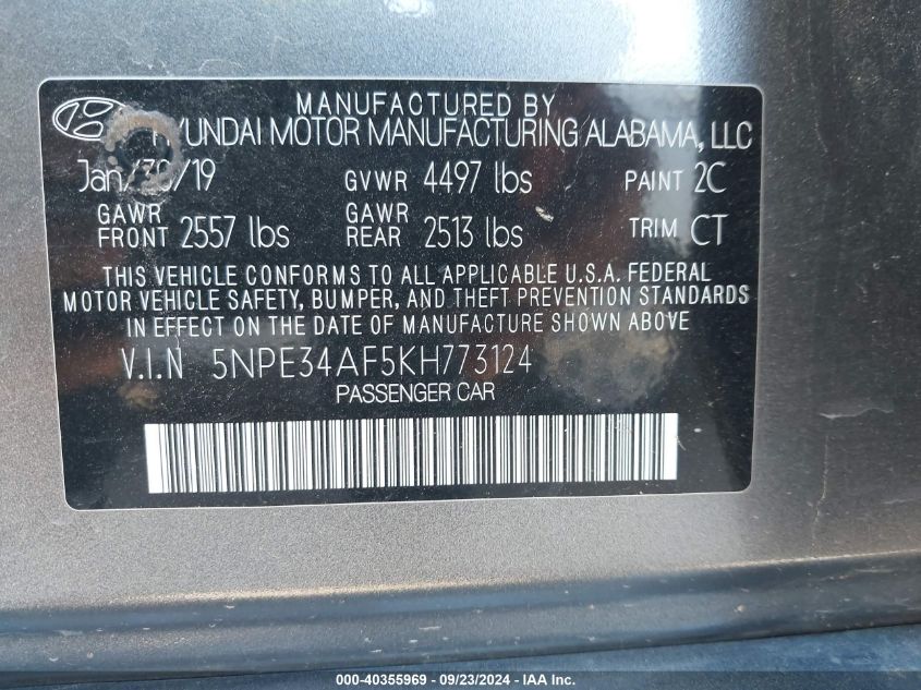 5NPE34AF5KH773124 2019 Hyundai Sonata Sport