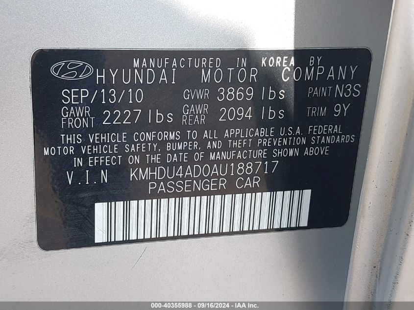 2010 Hyundai Elantra Gls VIN: KMHDU4AD0AU188717 Lot: 40355988